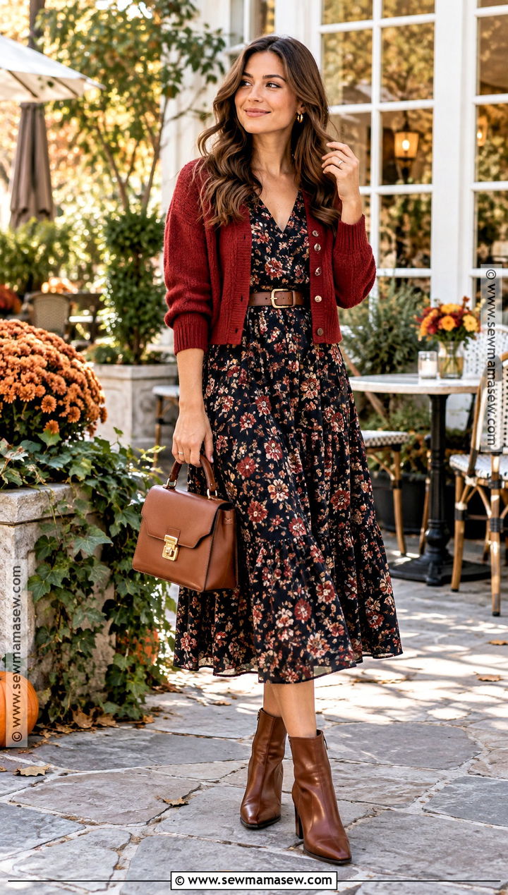 Red Cardigan With a Floral Midi Dress - 20 red cardigan fall outfit ideas