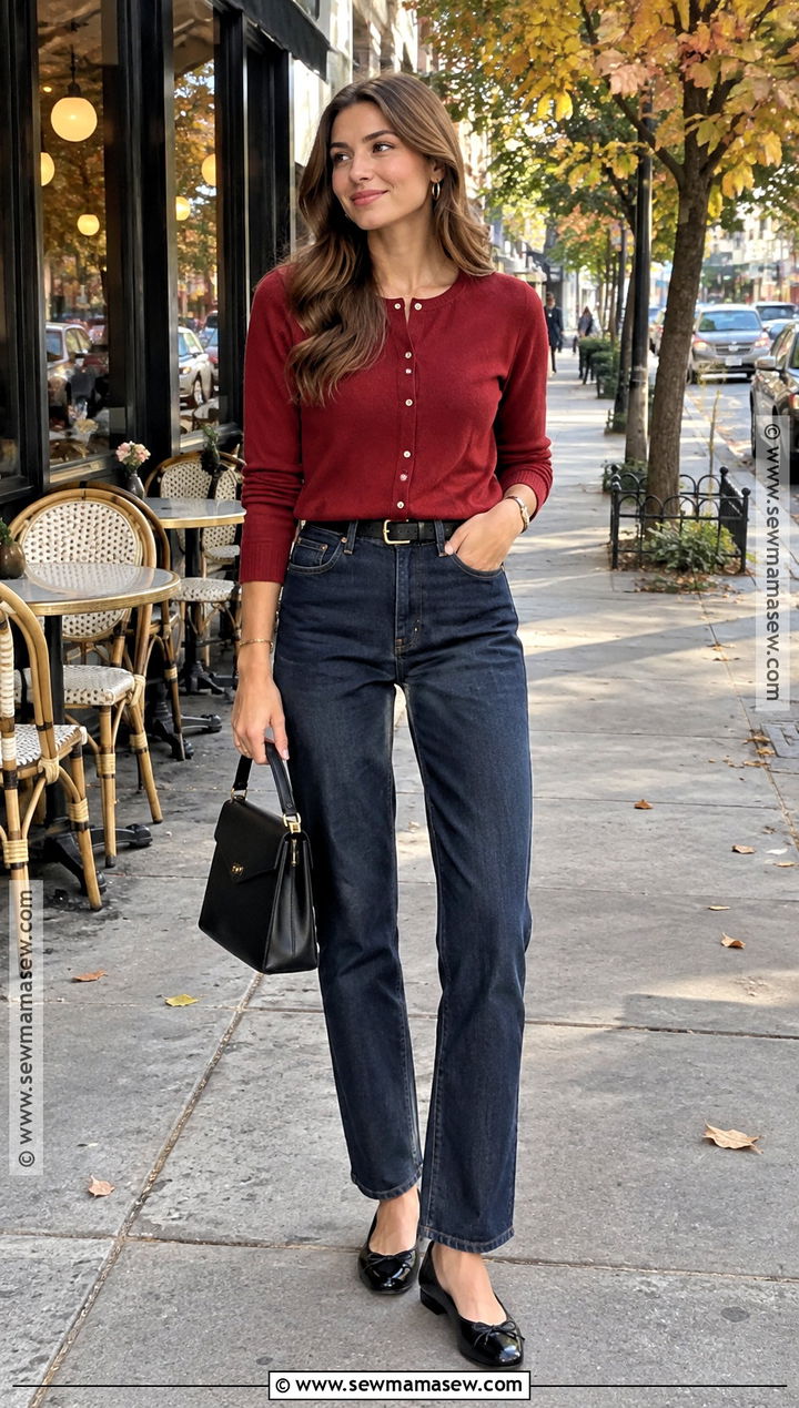 Red Cardigan and Dark Wash Jeans Fall Outfit - 25 Fall Outfit Inspo Ideas 2026