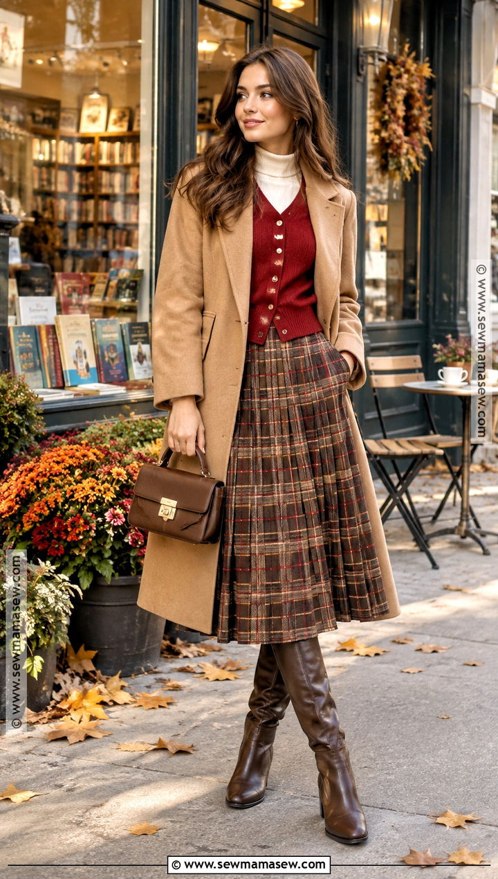 Red Cardigan and Plaid Midi Skirt Fall Outfit - 15 red fall outfits aesthetic