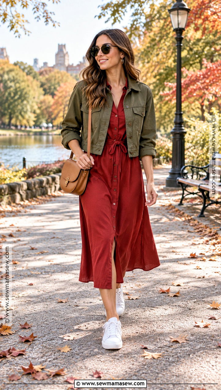 Red Casual Dress With Utility Jacket And Sneakers - 15 fall red dress outfit ideas