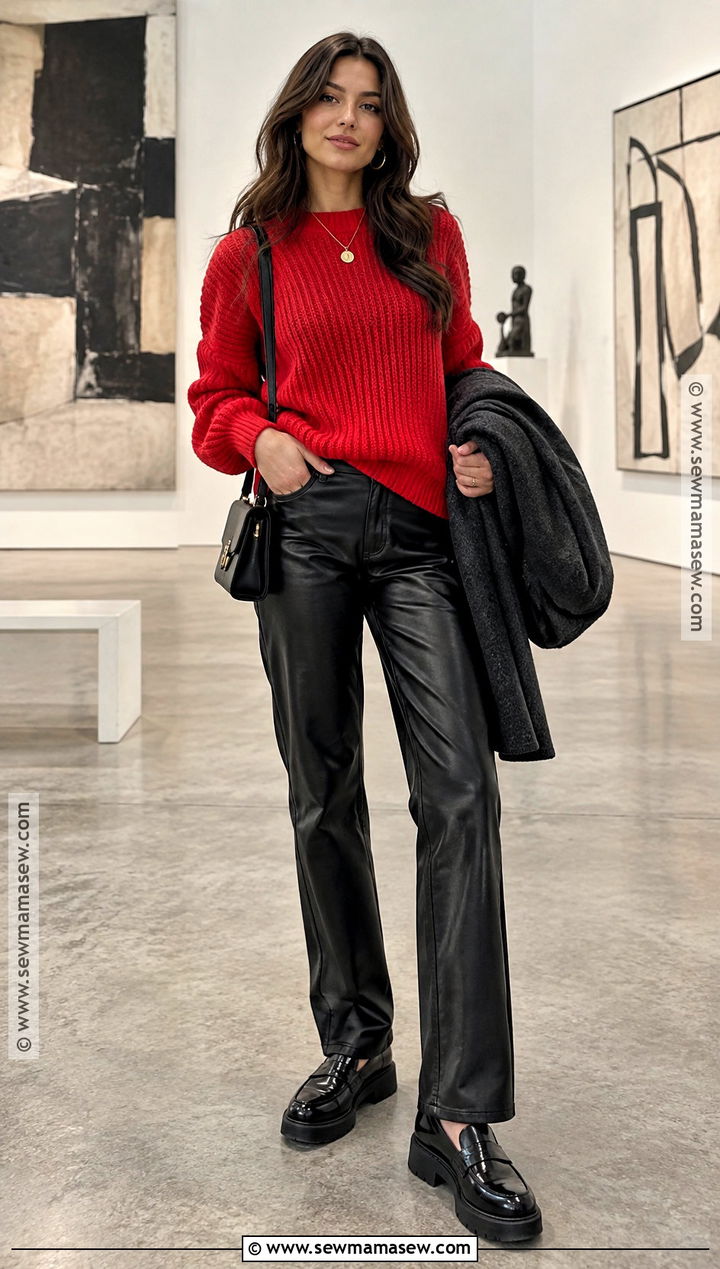 Red Chunky Knit Sweater With Black Leather Pants And Loafers - 15 Chunky Knit Sweater Fall Ideas