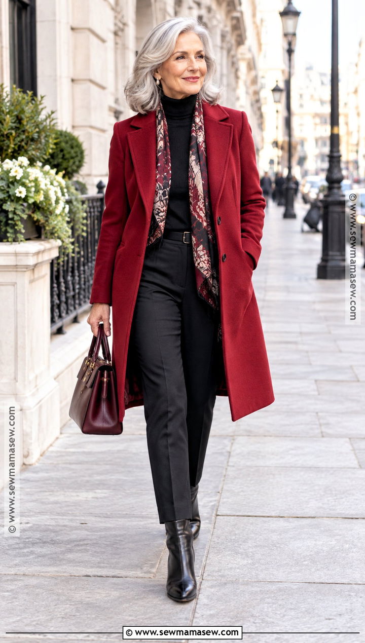 Red Coat And Black Pants Fall Outfit - 20 Fall Fashion Over 60 Ideas for Women