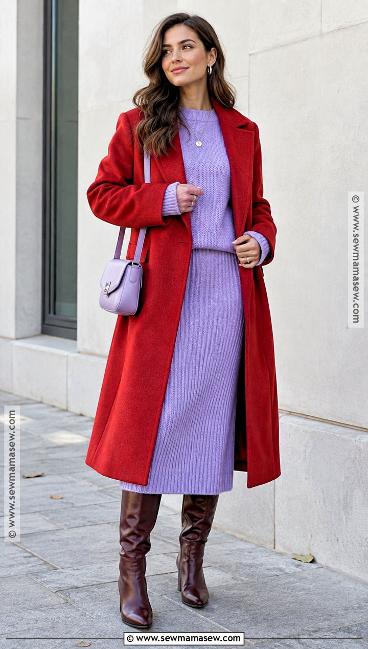 Red Coat And Lavender Knit Set Autumn Outfit - 20 colorful autumn outfits