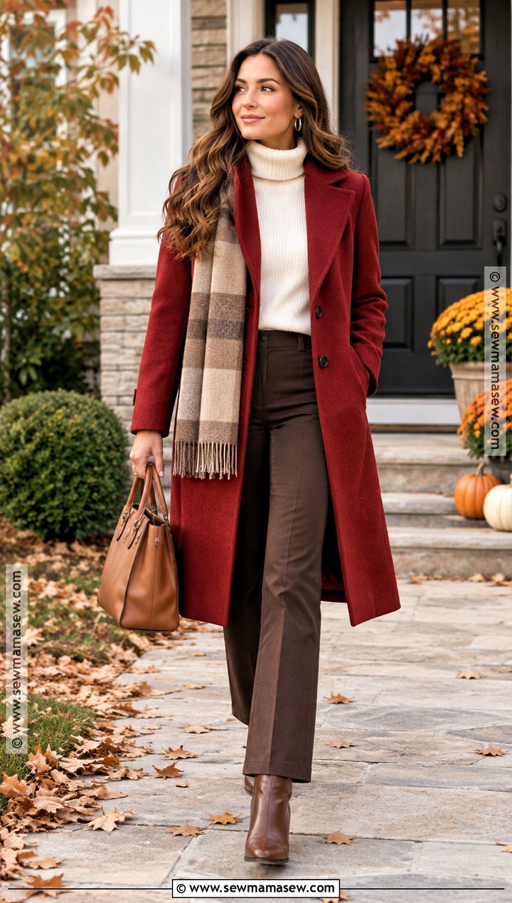 Red Coat And Neutral Knit Thanksgiving Outfit - 20 red thanksgiving outfit ideas