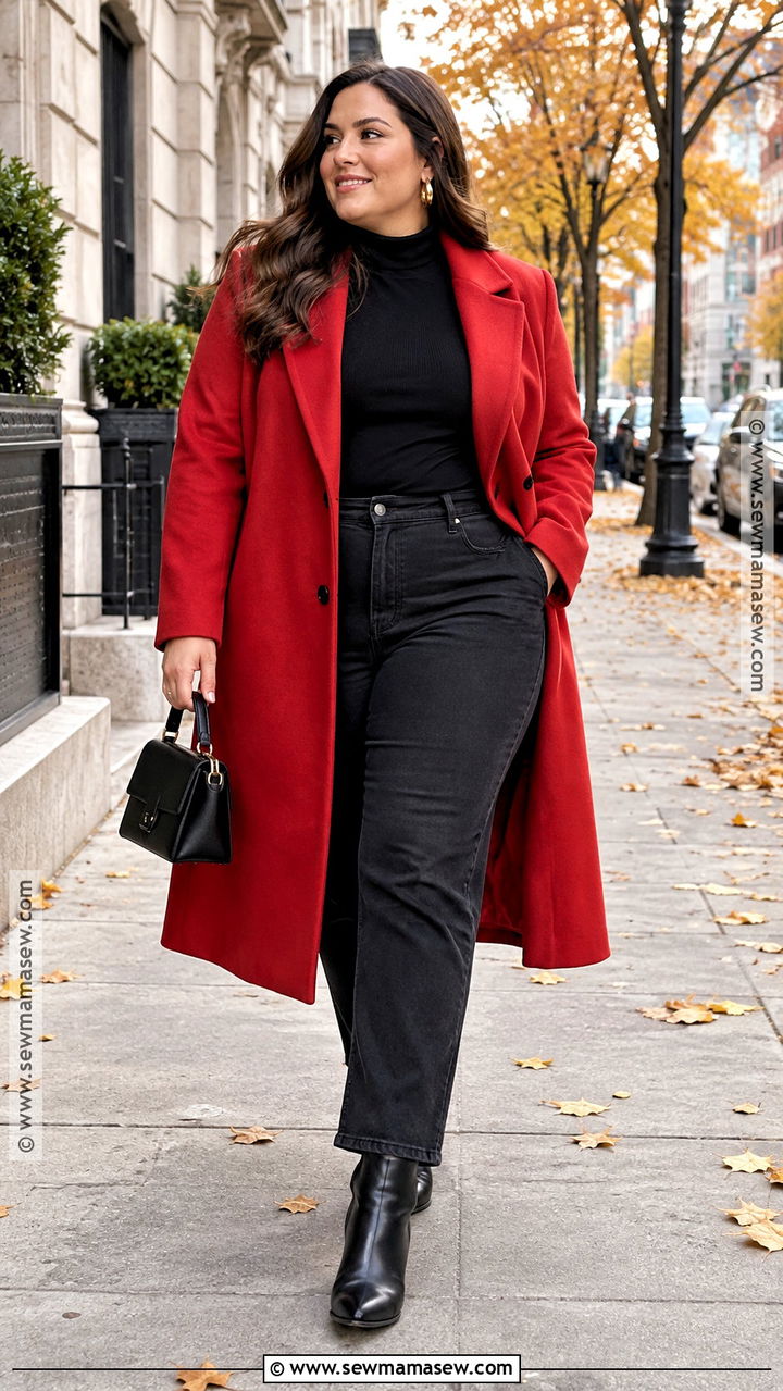 Red Coat With An All Black Outfit - 20 Coat Fall Outfit Ideas