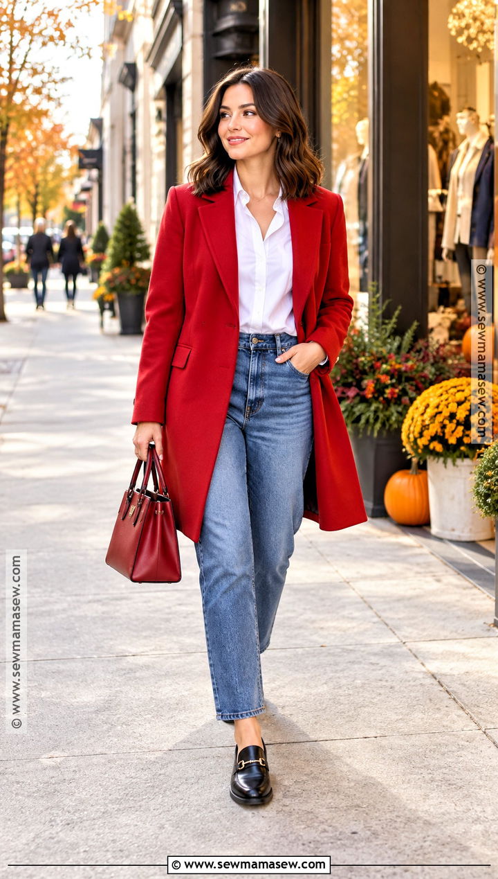 Red Coat With Denim And Loafers - 25 fall coats