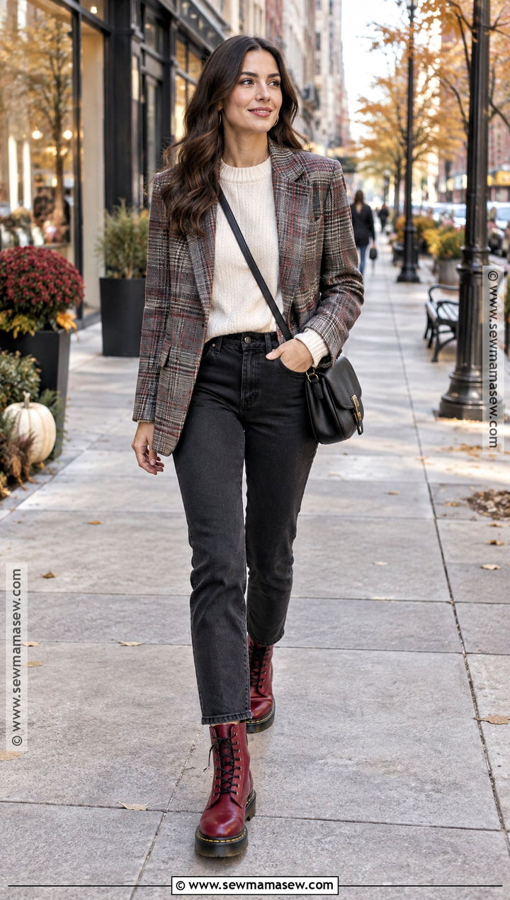 Red Combat Boots With Plaid Blazer - 15 Fall Fashion Red Boots