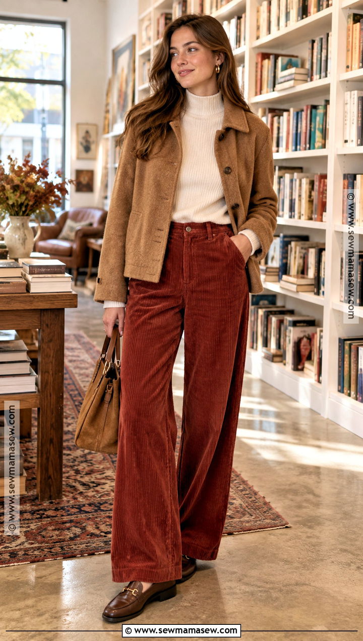 Red Corduroy Pants And Cream Sweater Autumn Outfit - 20 red autumn outfits