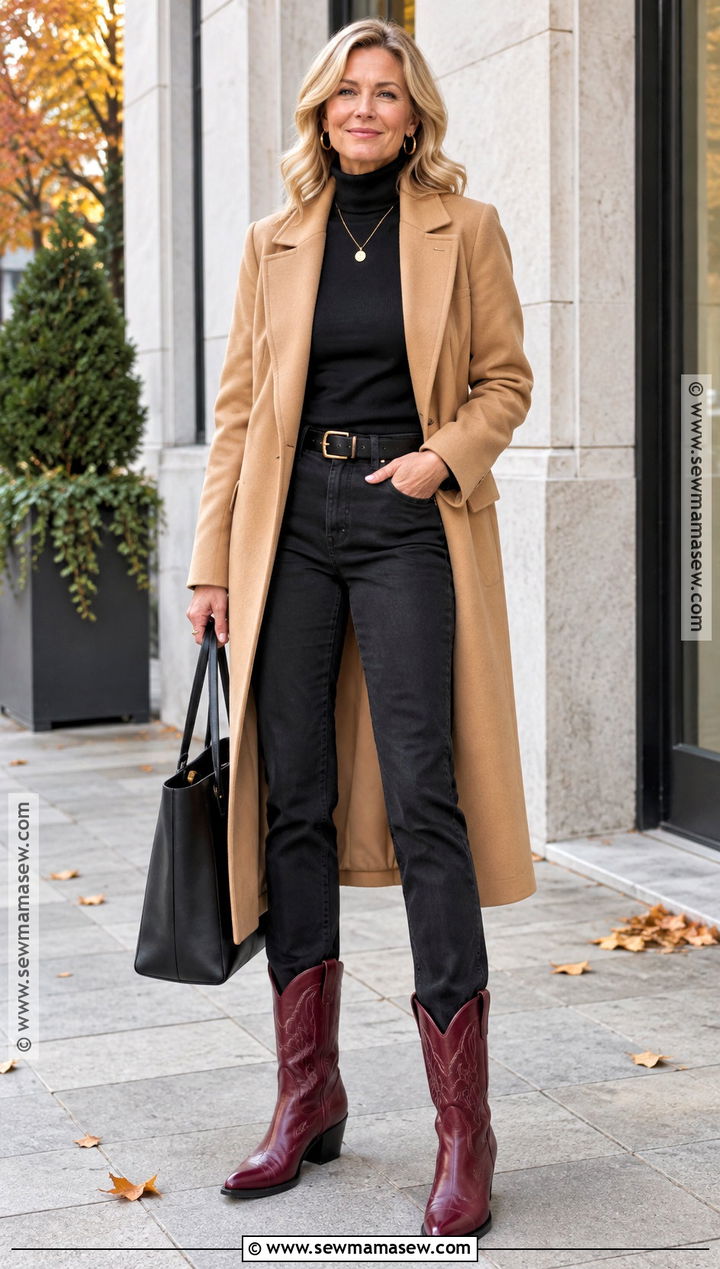 Red Cowboy Boots With Black Jeans And Camel Coat - 20 red cowboy boots outfit fall