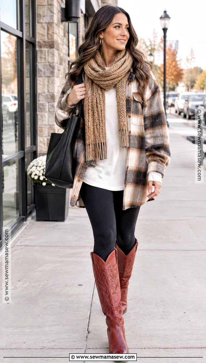 Red Cowboy Boots With Black Leggings And Oversized Shacket - 20 red cowboy boots outfit fall