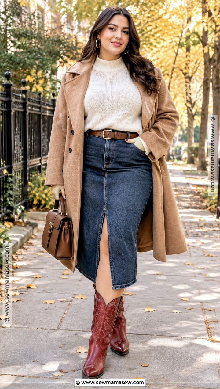 Red Cowboy Boots With Denim Midi Skirt And Cream Sweater - 20 red cowboy boots outfit fall