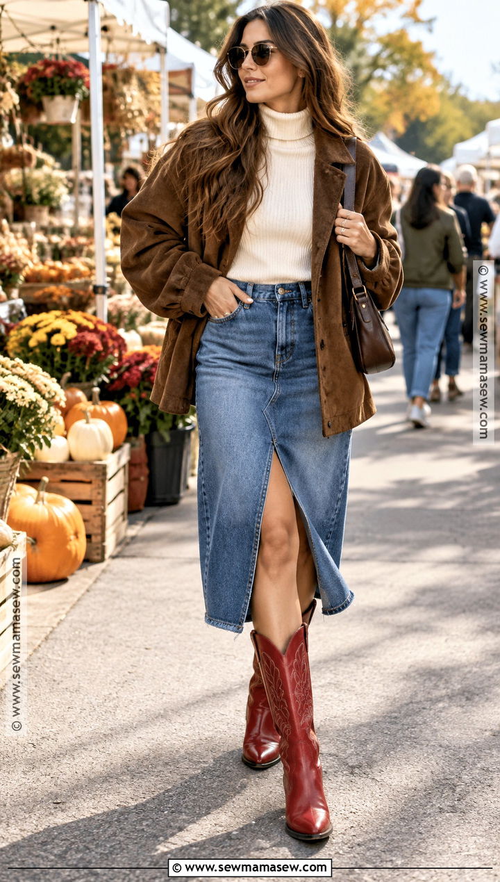 Red Cowboy Boots With Denim Midi Skirt - 20 red boots outfit fall