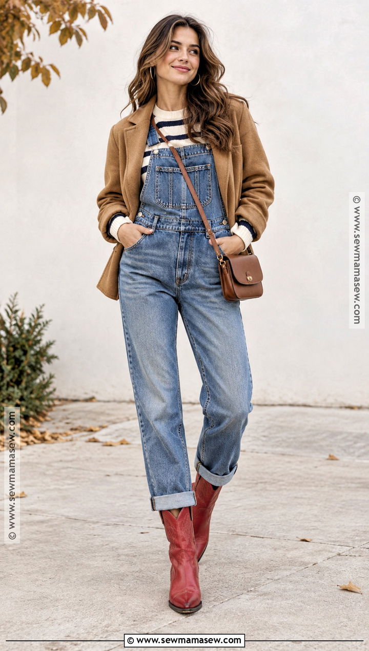 Red Cowboy Boots With Denim Overalls And Striped Sweater - 20 red cowboy boots outfit fall
