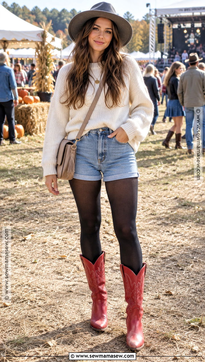 Red Cowboy Boots With Denim Shorts And Oversized Sweater - 20 red cowboy boots outfit fall