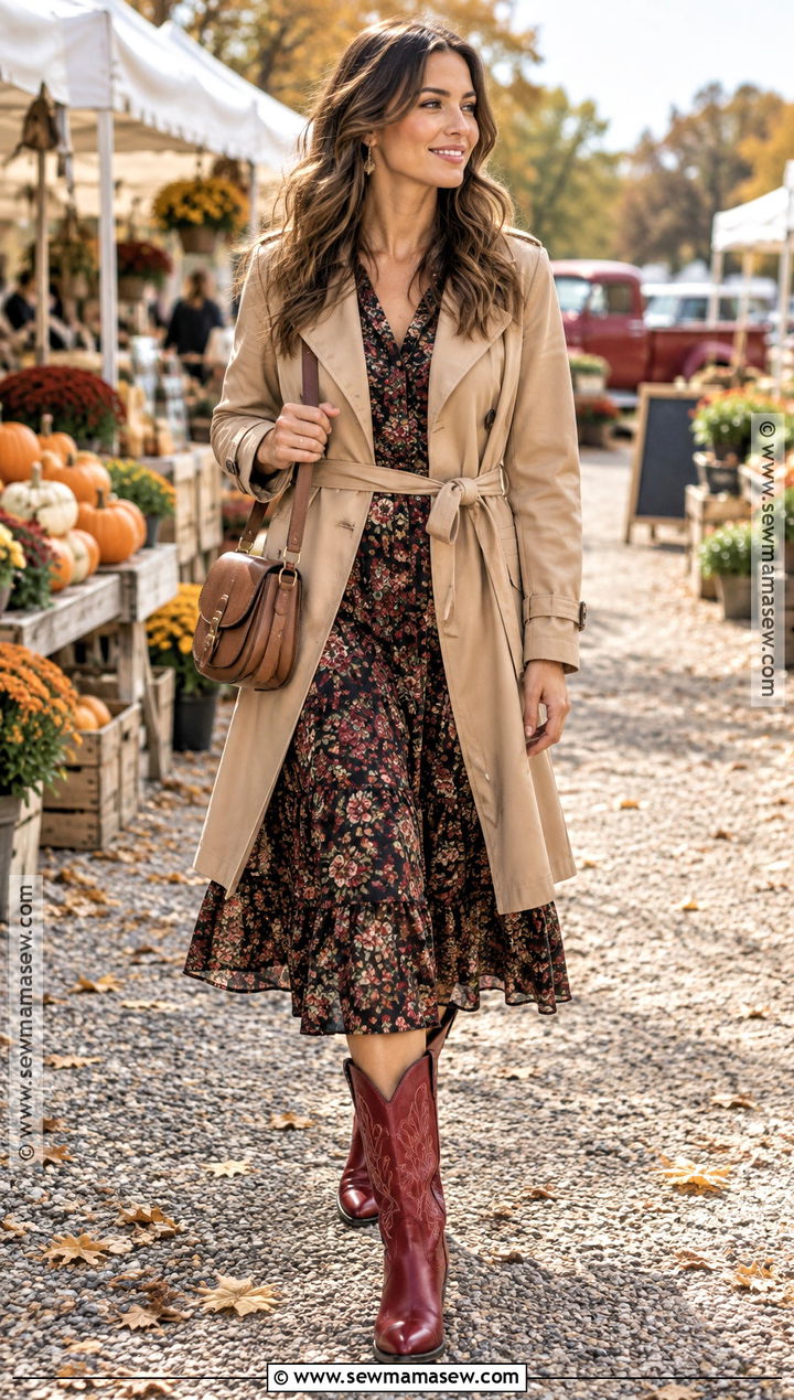 Red Cowboy Boots With Floral Midi Dress And Trench Coat - 20 red cowboy boots outfit fall