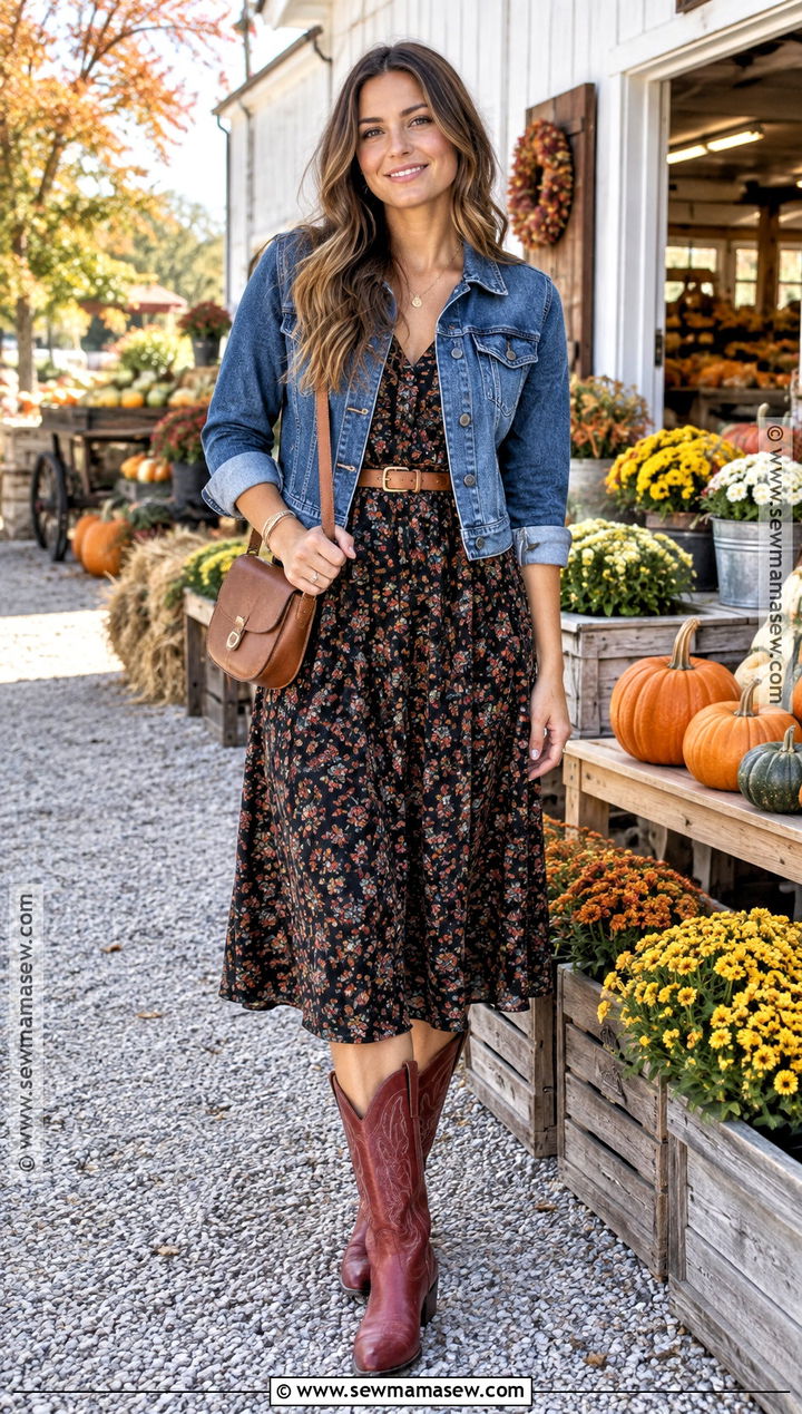 Red Cowboy Boots With Floral Midi Dress - 15 Fall Fashion Red Boots