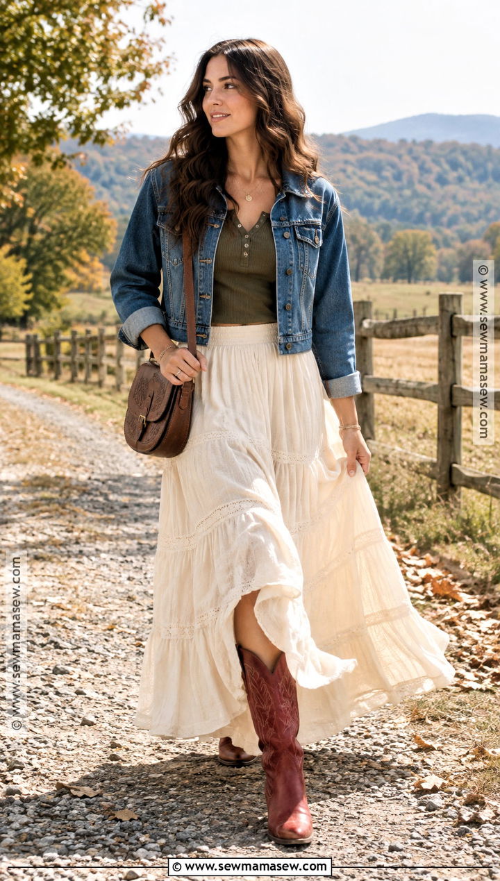 Red Cowboy Boots With Maxi Skirt And Fitted Henley - 20 red cowboy boots outfit fall