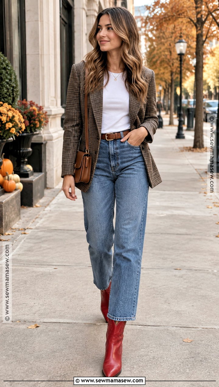 Red Cowboy Boots With Straight Leg Jeans And Plaid Blazer - 20 red cowboy boots outfit fall