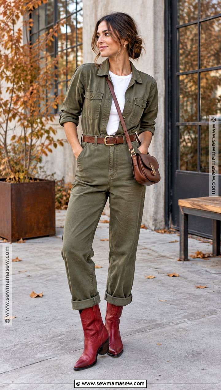 Red Cowboy Boots With Utility Jumpsuit And Leather Belt - 20 red cowboy boots outfit fall