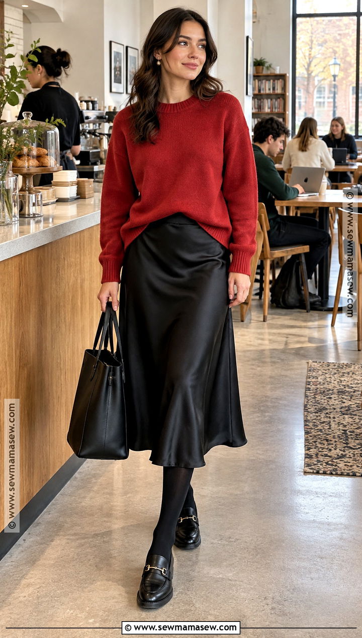 Red Crewneck Sweater And Satin Midi Skirt Outfit - 20 red back to school outfits
