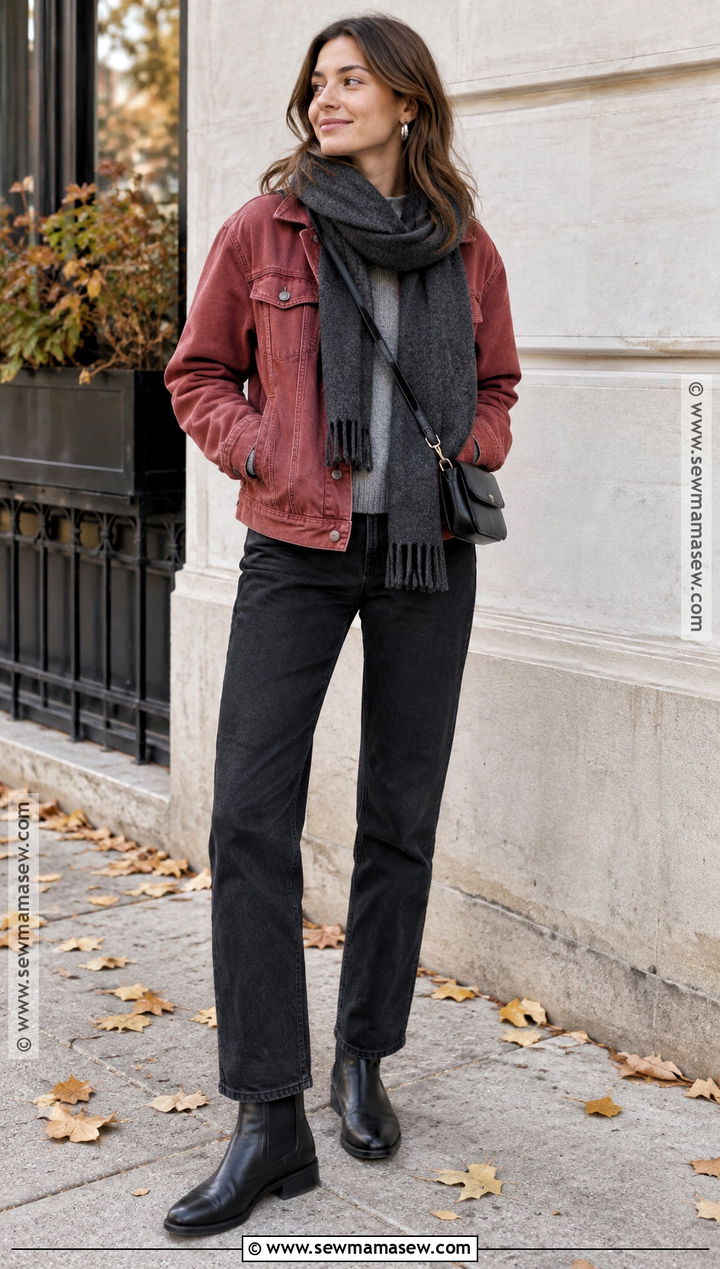 Red Denim Jacket And Black Jeans Autumn Outfit - 20 red autumn outfits