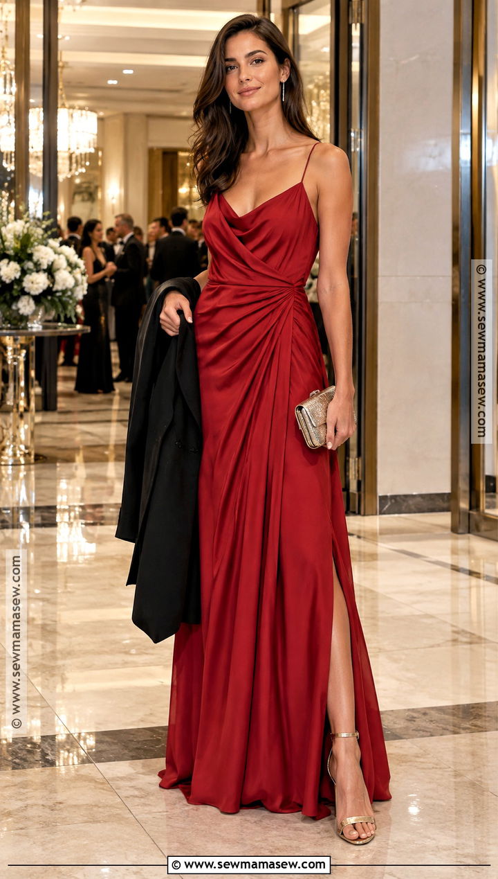 Red Draped Maxi Dress With Metallic Heels - 20 fall birthday dress ideas