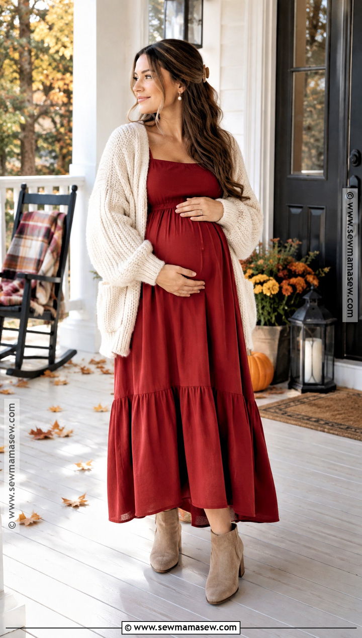 Red Empire Waist Maternity Dress With A Cream Cardigan - 15 fall maternity photos red dress ideas