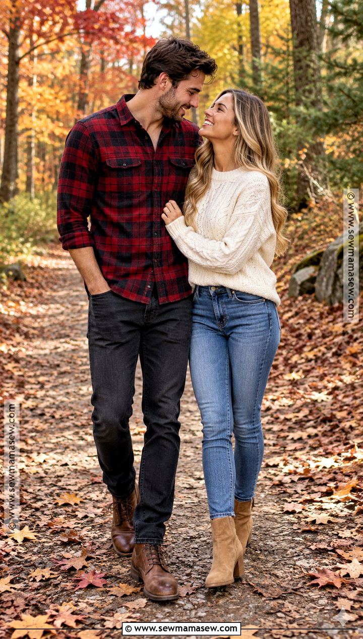 Red Flannel And Cream Sweater Couples Outfit - 15 couples fall photoshoot outfits flannel