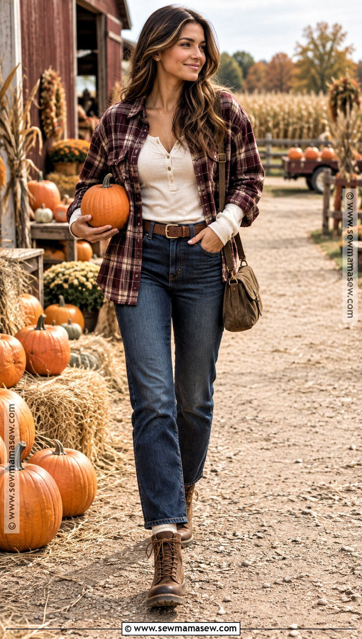 Red Flannel and Dark Wash Jeans Pumpkin Patch Outfit - 20 Pumpkin Patch Photoshoot Outfits