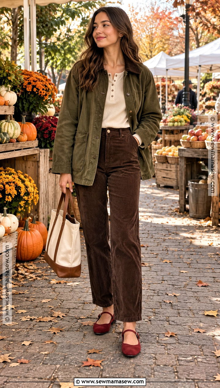 Red Flats With Barn Jacket and Corduroy Pants - 15 red flats fall outfit ideas