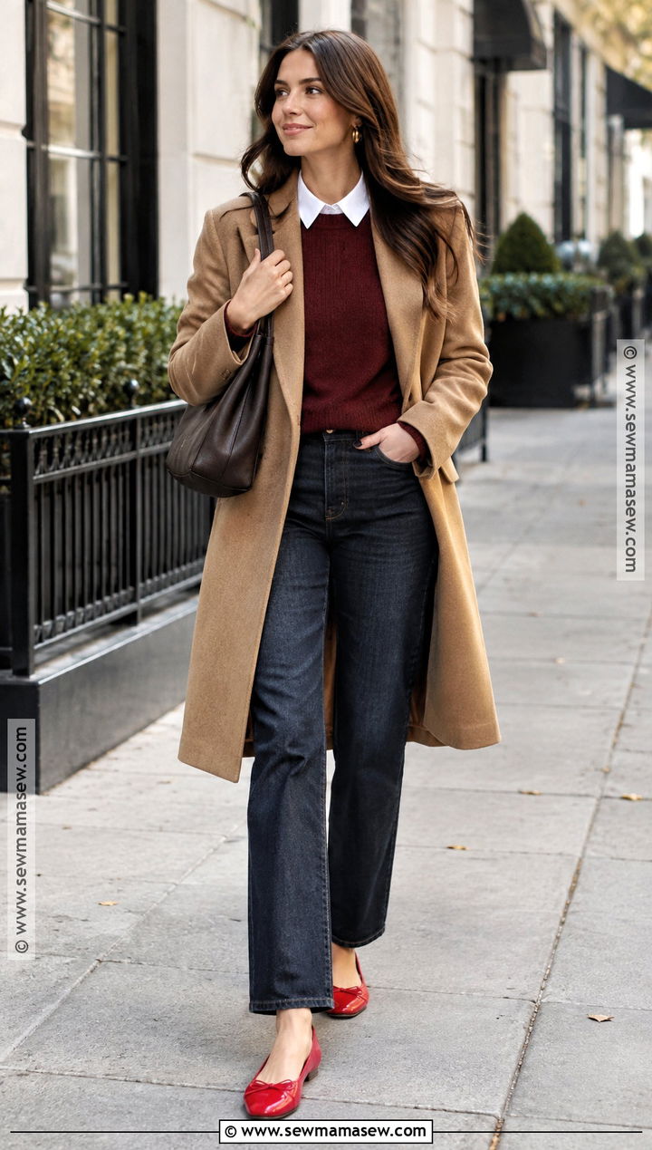 Red Flats With Burgundy Sweater And Dark Jeans - 20 red flats outfit fall ideas