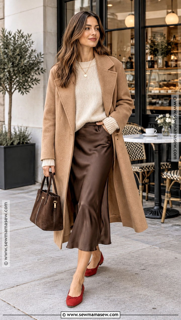 Red Flats With Chunky Sweater and Slip Skirt - 15 red flats fall outfit ideas
