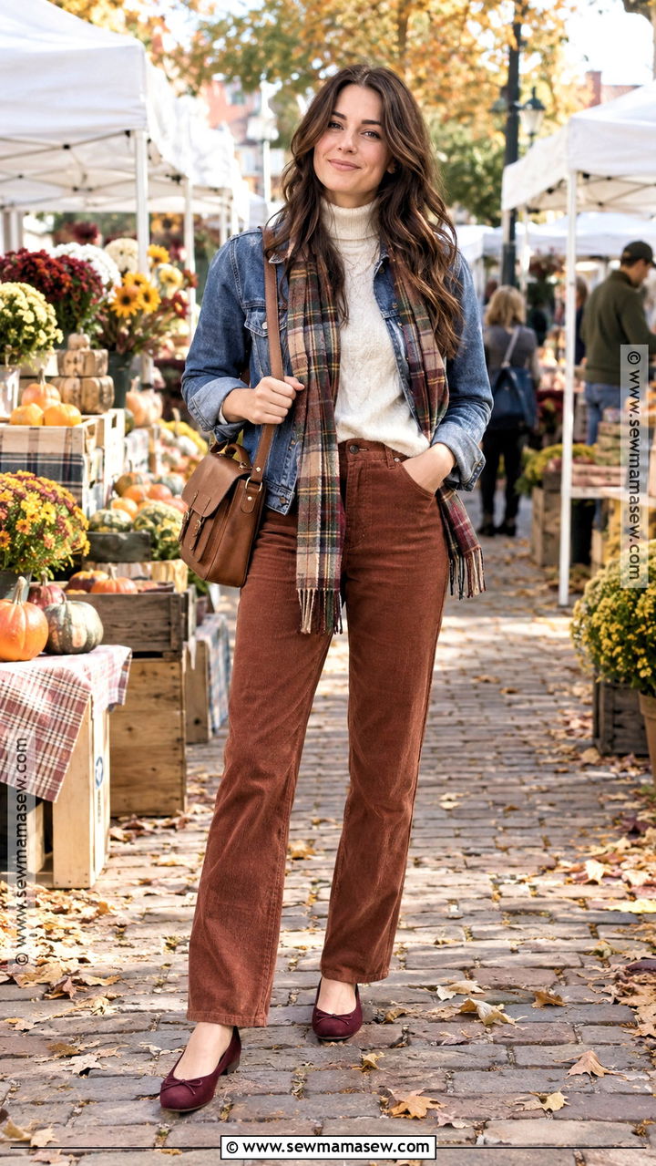 Red Flats With Corduroy Pants And Denim Jacket - 20 red flats outfit fall ideas