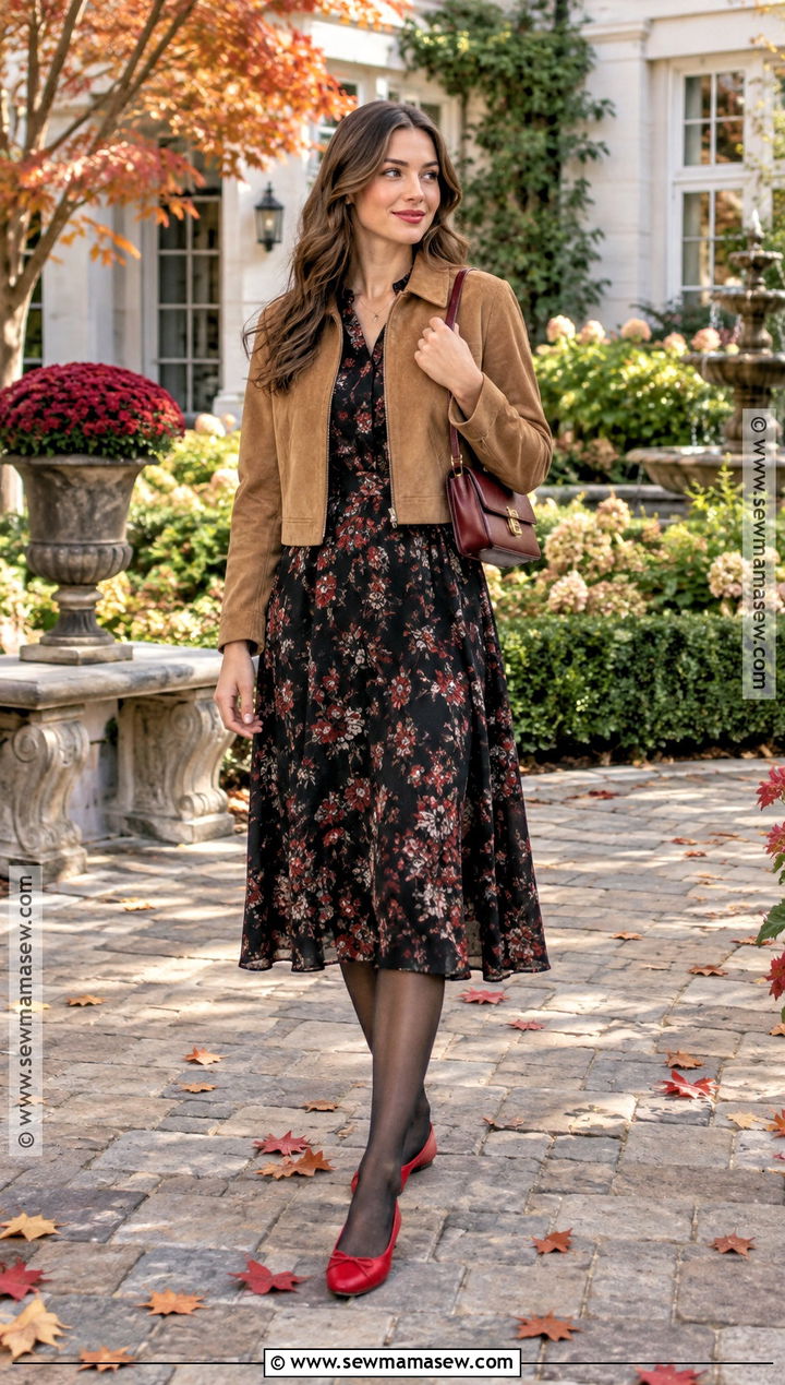 Red Flats With Floral Dress and Cropped Jacket - 15 red flats fall outfit ideas