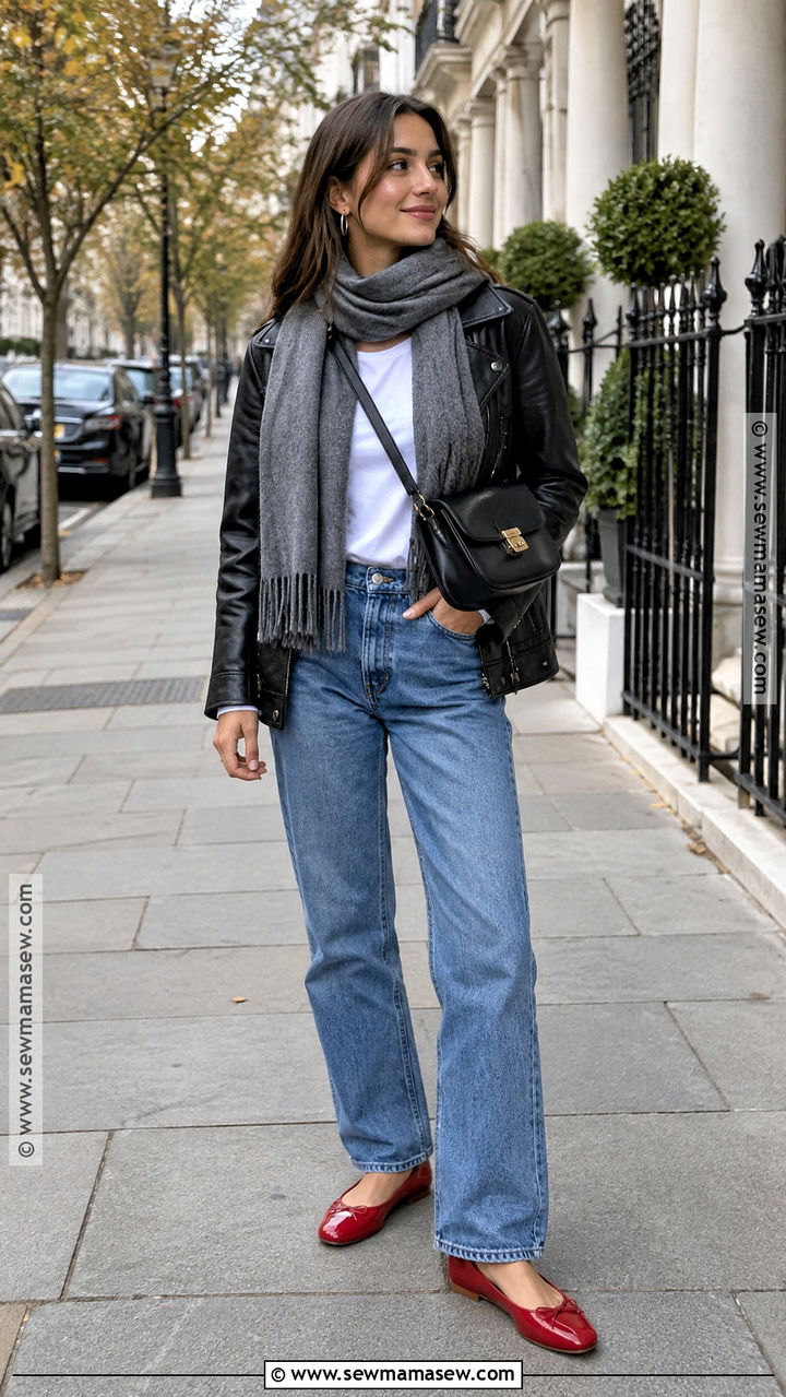 Red Flats With Leather Jacket And Blue Jeans - 20 red flats outfit fall ideas