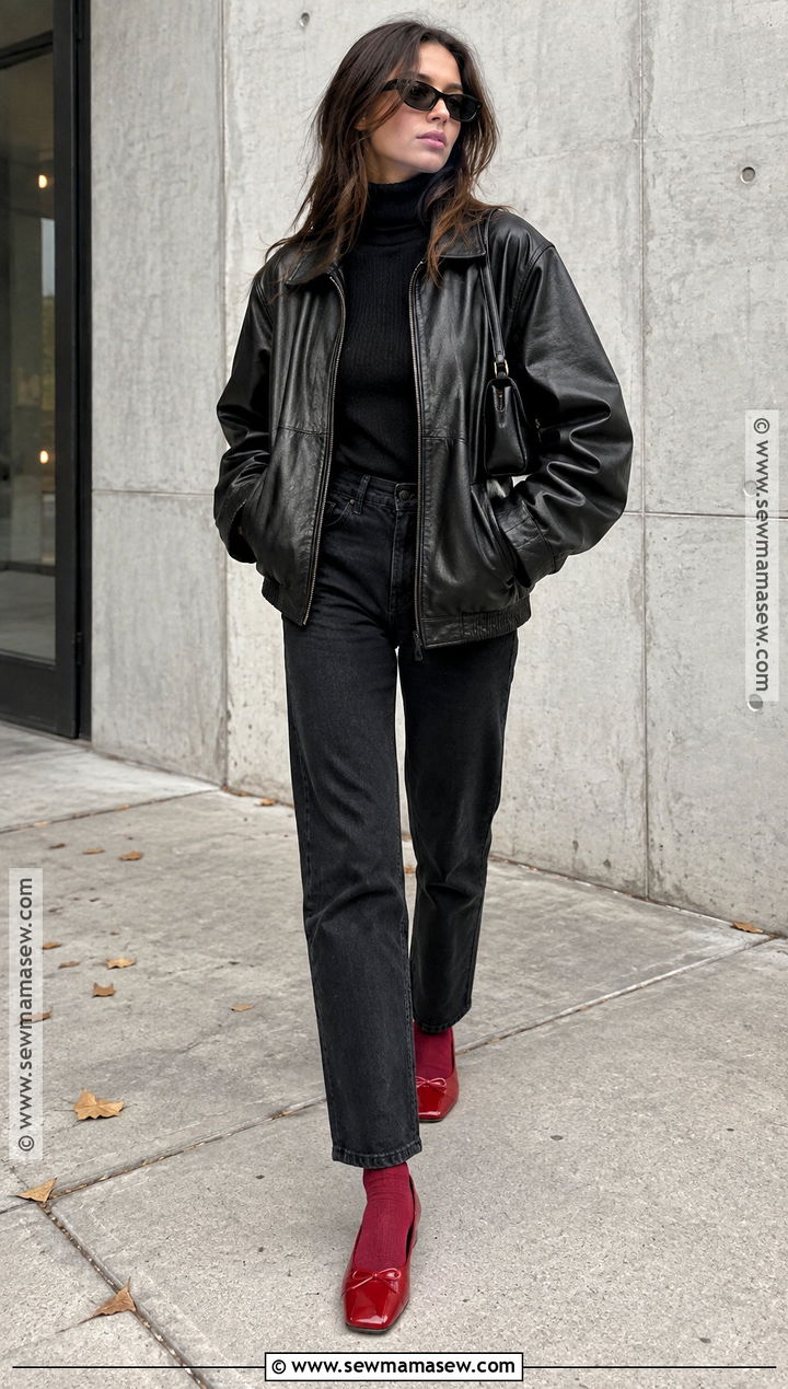 Red Flats With Leather Jacket and Black Jeans - 15 red flats fall outfit ideas