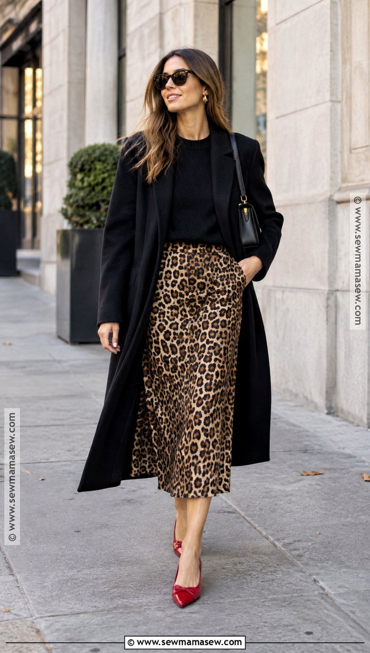 Red Flats With Leopard Skirt And Black Sweater - 20 red flats outfit fall ideas