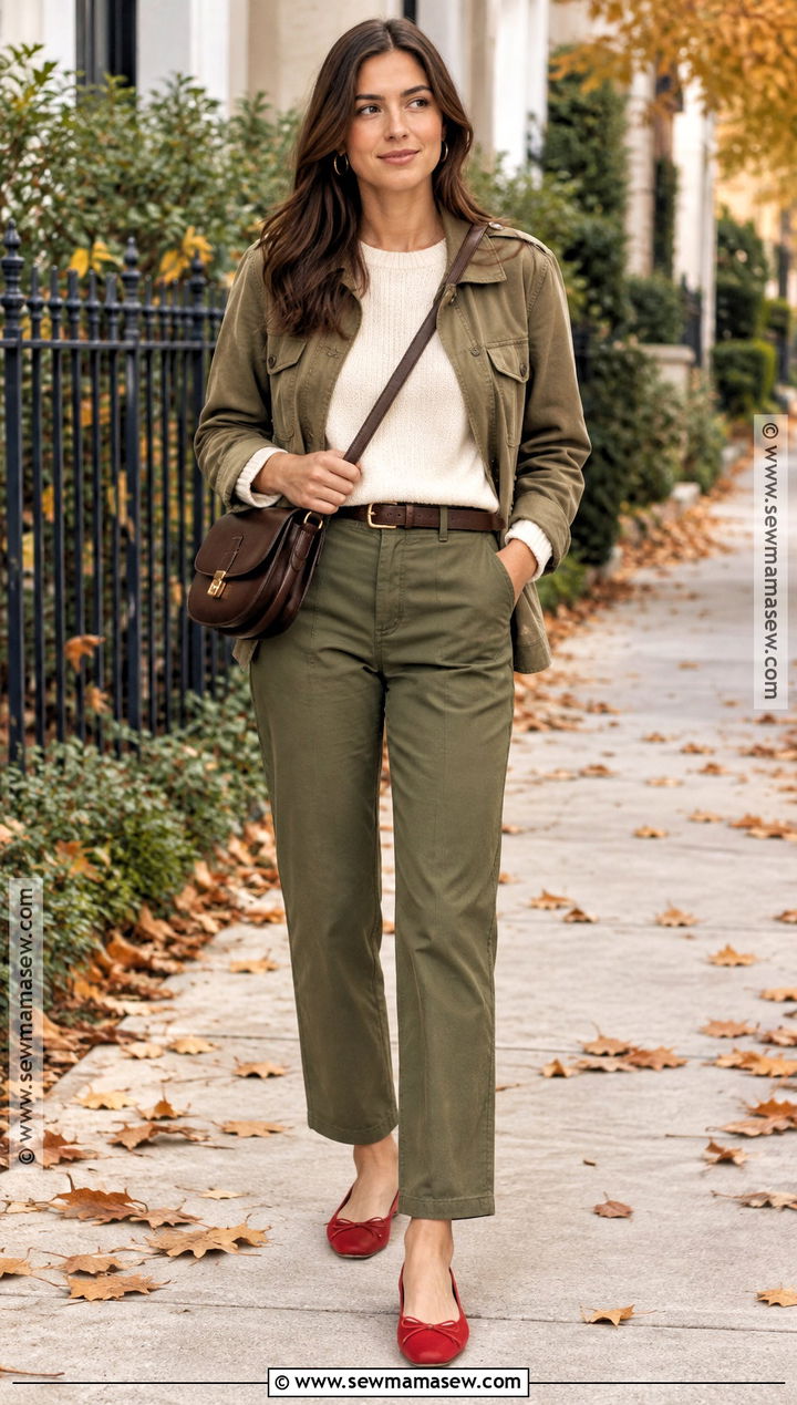 Red Flats With Olive Pants And Utility Jacket - 20 red flats outfit fall ideas