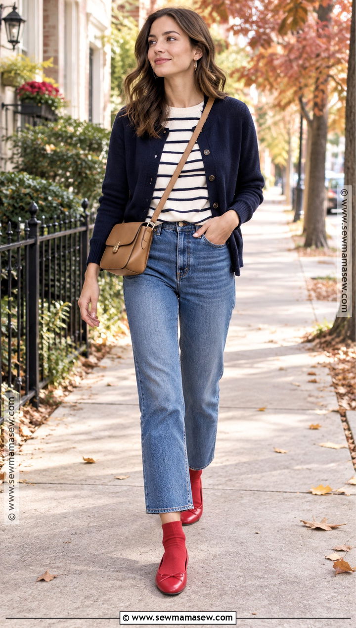 Red Flats With Striped Shirt and Cropped Jeans - 15 red flats fall outfit ideas