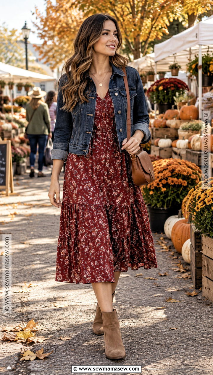 Red Floral Dress With Denim Jacket - 20 Red Dress Fall Outfit Ideas