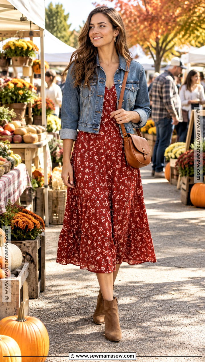 Red Floral Dress With Denim Jacket - 15 fall red dress outfit ideas