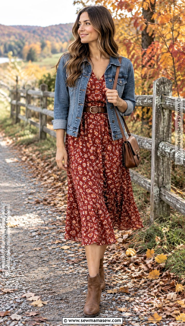 Red Floral Midi Dress With Denim Jacket - 15 red dress fall photoshoot ideas