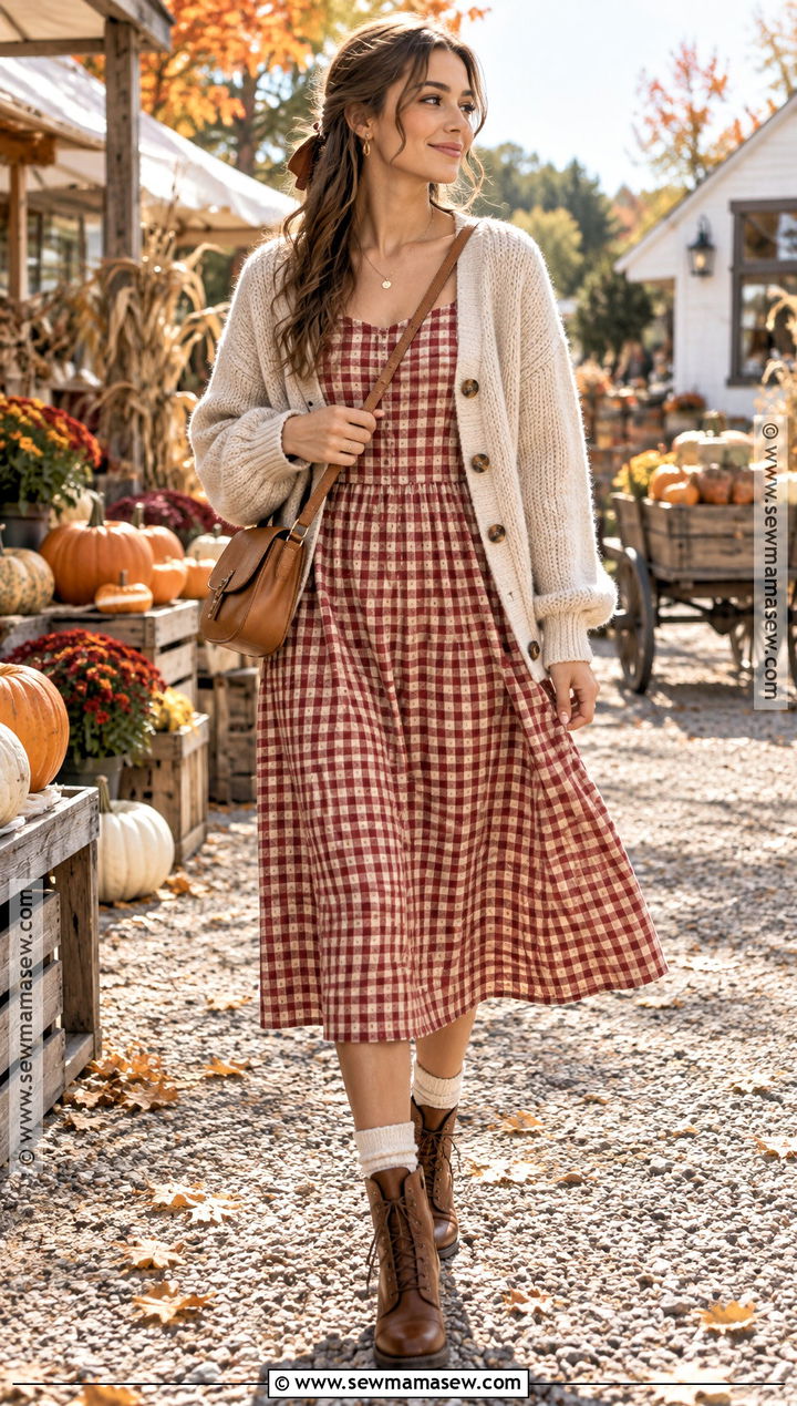 Red Gingham Dress With Chunky Cardigan - 15 fall gingham fashion ideas