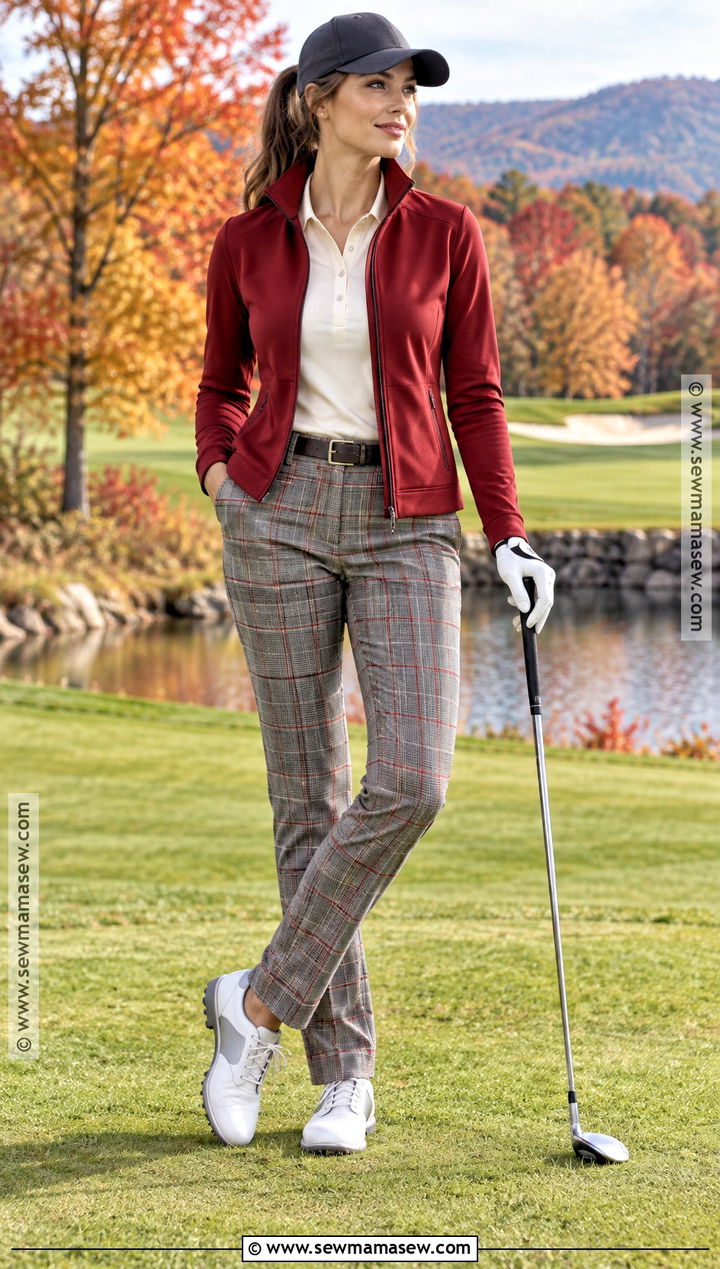 Red Golf Jacket And Plaid Pants - 25 fall golfing outfits for women