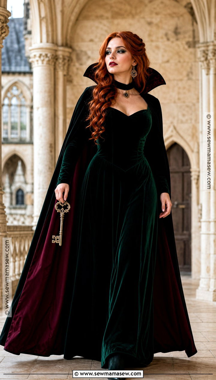 Red Hair Dracula Costume With Green Gown - 30 Dracula Costume Ideas for Women