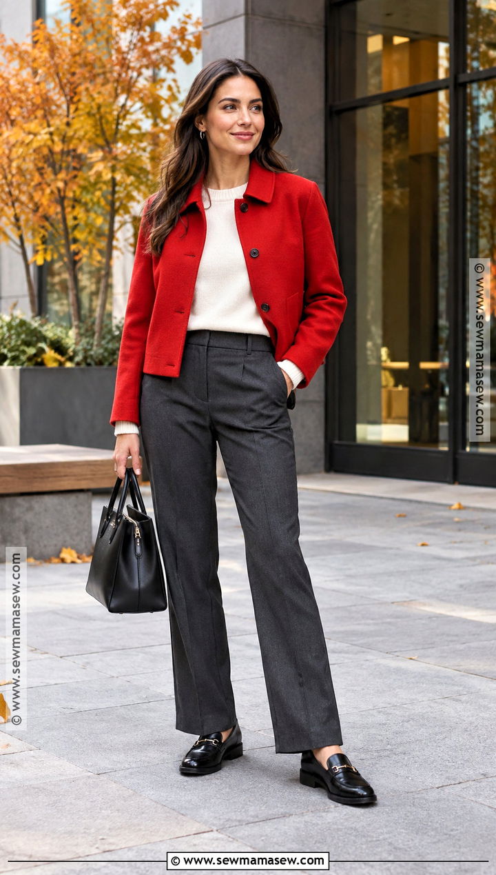 Red Jacket With Neutral Trousers Outfit - 30 autumn jacket ideas