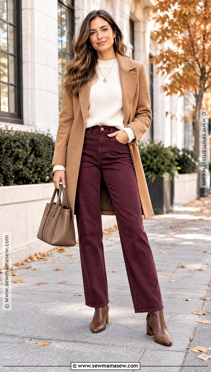 Red Jeans With Neutral Knit - 15 cute fall jeans outfits