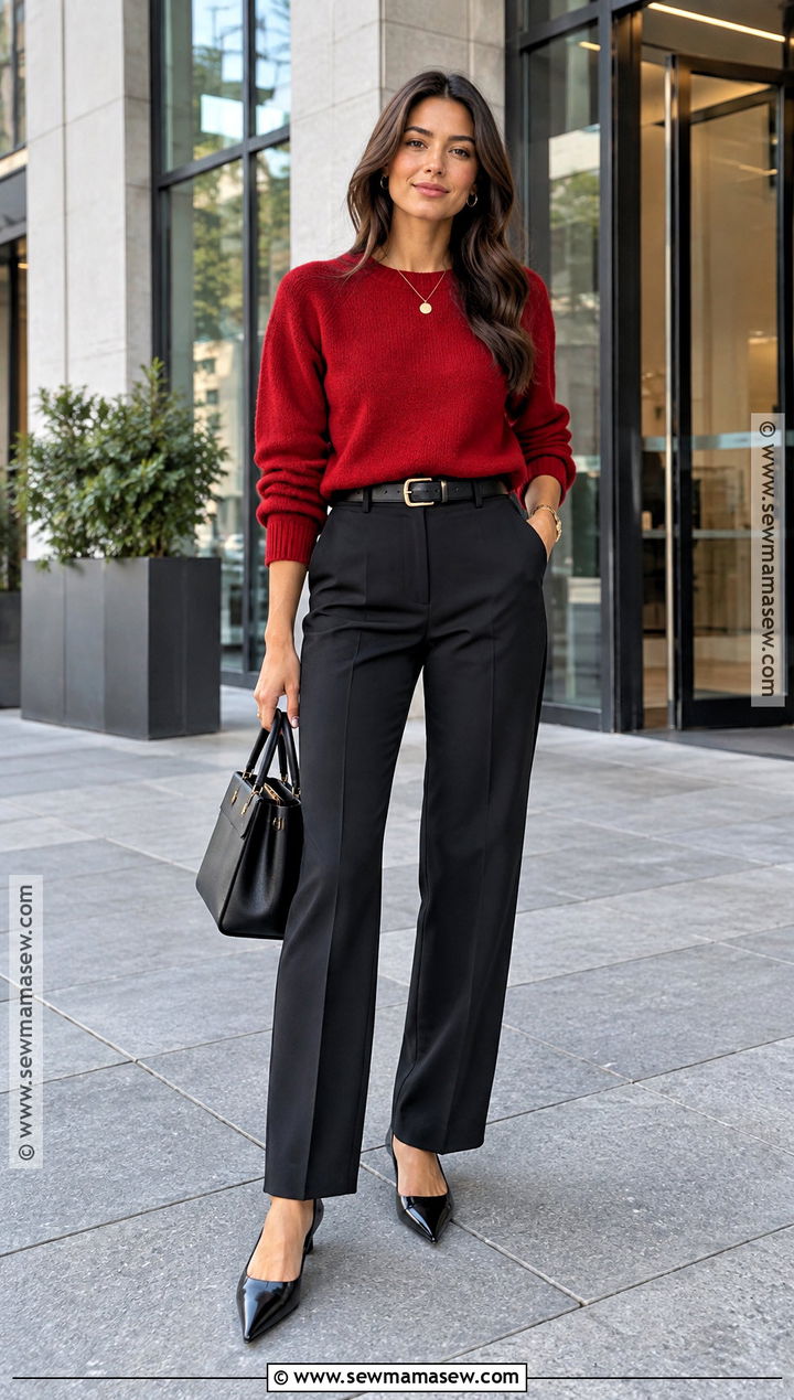 Red Jumper With Black Tailored Trousers - 20 fall jumper outfit ideas
