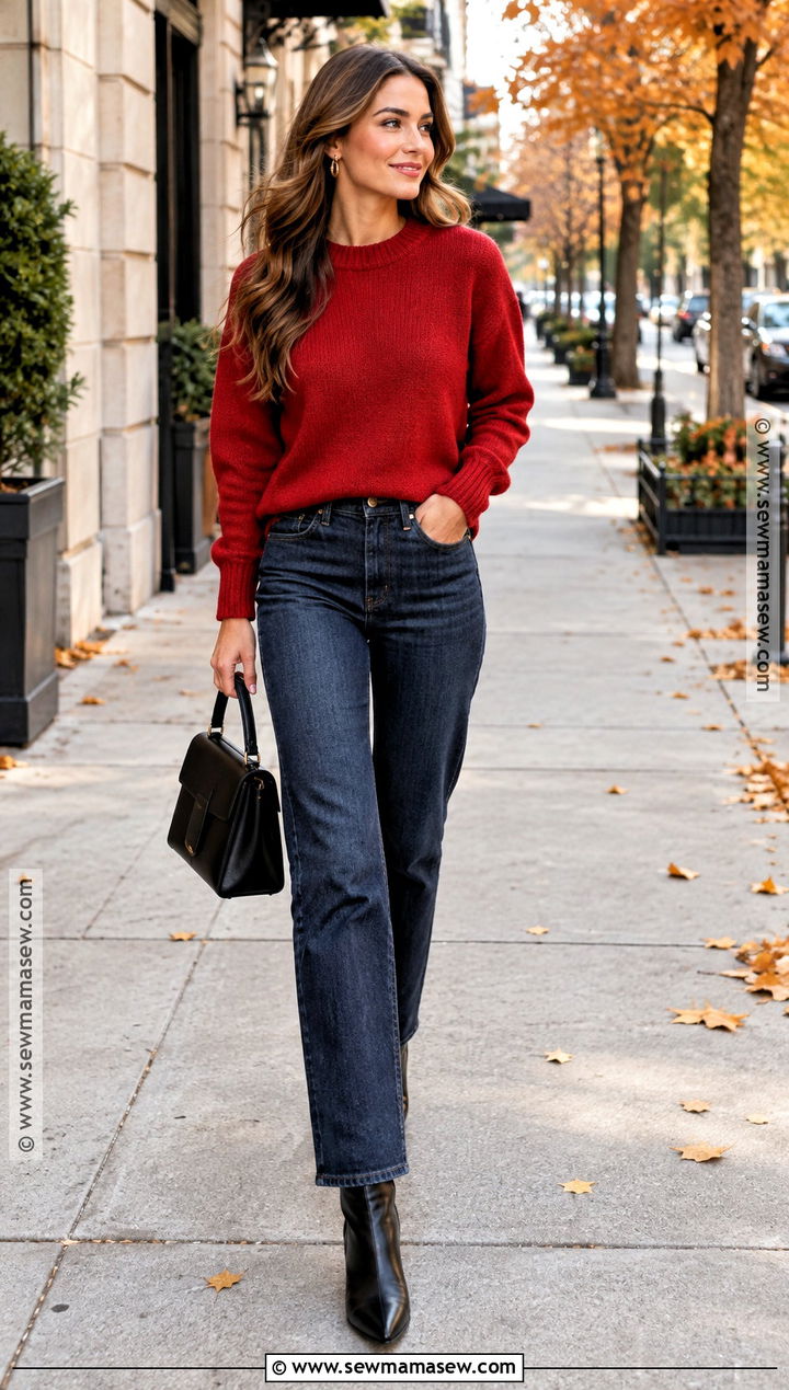 Red Jumper With Dark Wash Denim - 20 fall jumper ideas