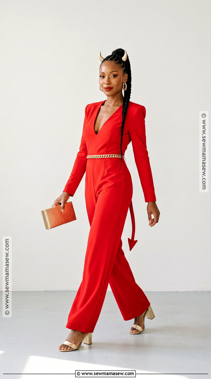 Red Jumpsuit Devil Costume With Gold Accessories - 30 Devil Halloween Costume Ideas for Women